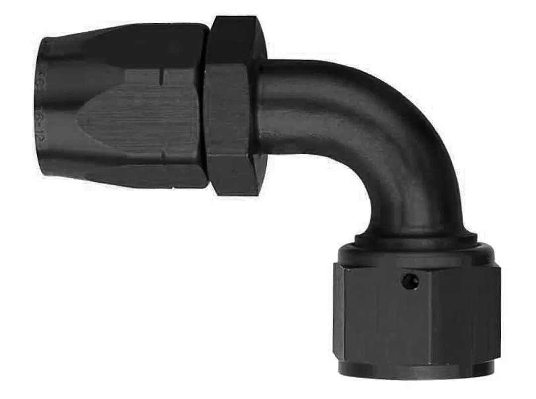 FCM1034 – AEROQUIP Hose End Fitting, -10 AN Hose 90 Degree Elbow Anodized Red/Blue Aluminum